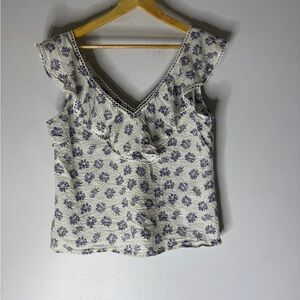 Rihoas White Purple Floral‎ Ruffle Trim Collar Top Size Small
